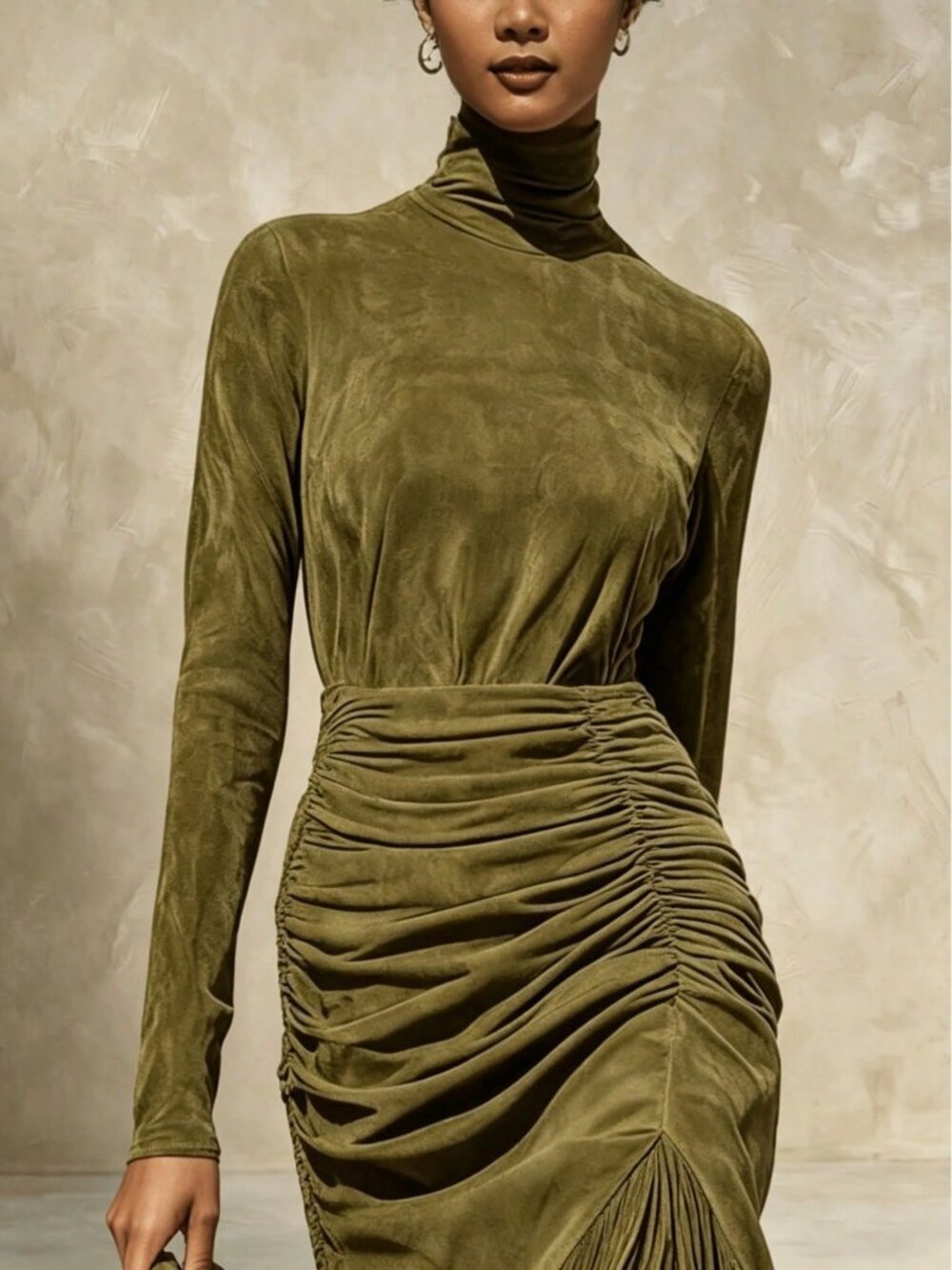 Olive Green Casual Women's High Neck Long Sleeved Plain Loose A-Line Dress - Picture 2 of 3